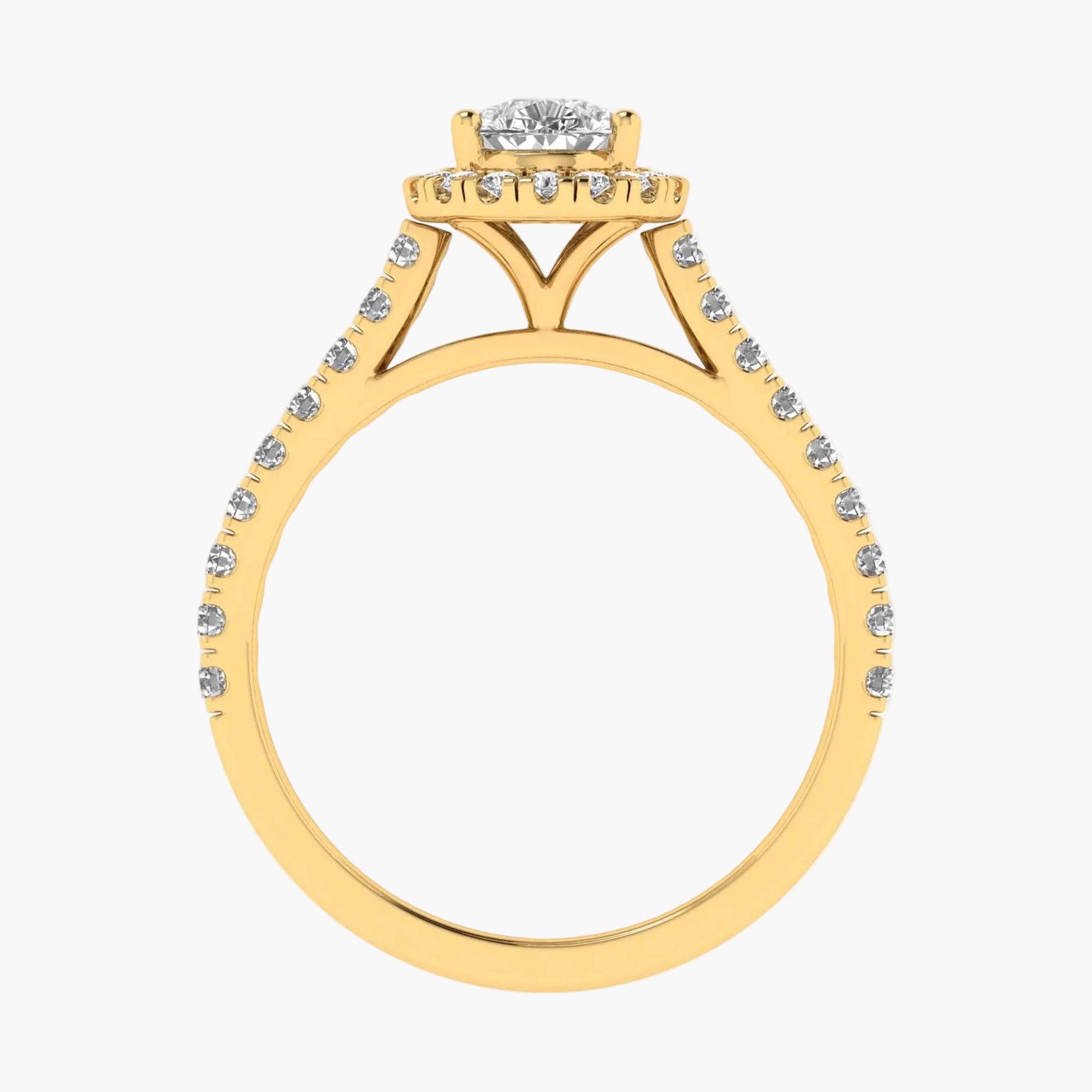 Gold ring with diamond accents on a white background