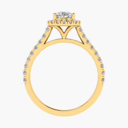 Gold ring with diamond accents on a white background