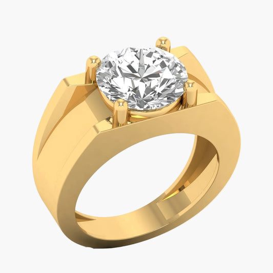 Gold ring with a large diamond on a white background