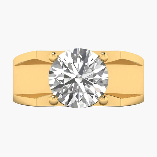 Gold ring with a large diamond on a white background