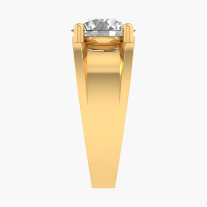 Gold ring with a clear gemstone on a white background