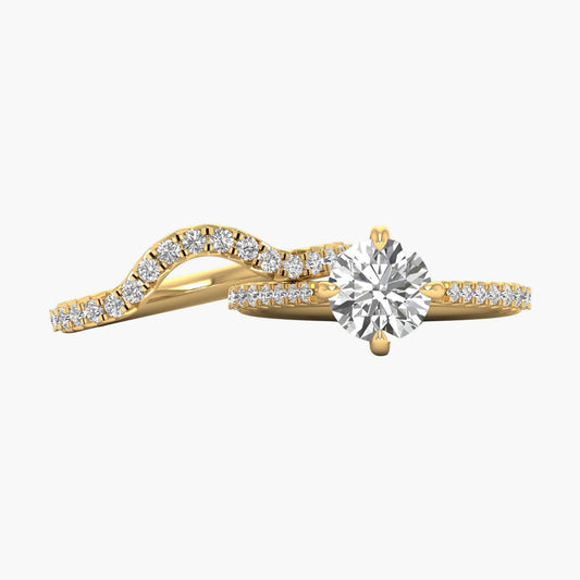 Gold ring with a large diamond and smaller diamonds on a white background