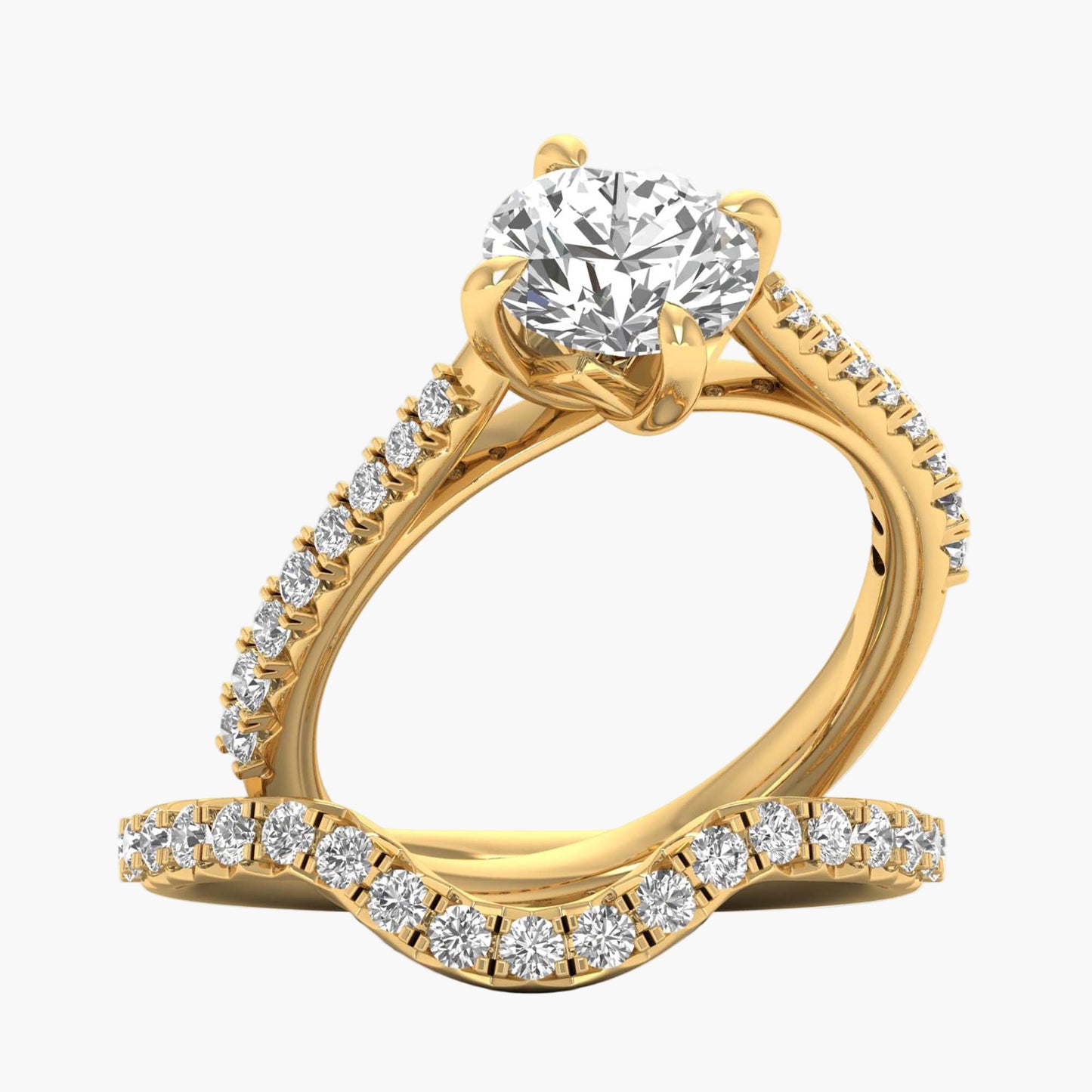 Gold ring with a large diamond and smaller diamonds on the band against a white background