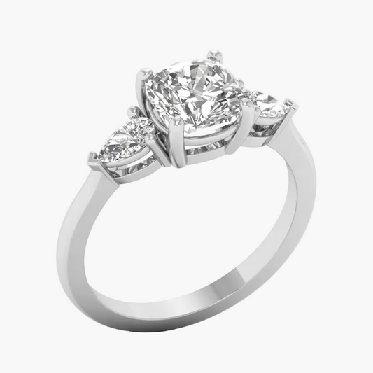 Diamond ring with three stones on a white background