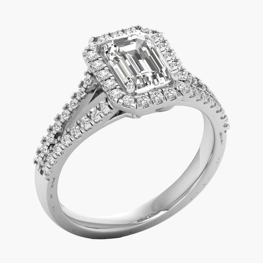 Diamond ring with emerald-cut center stone on a white background