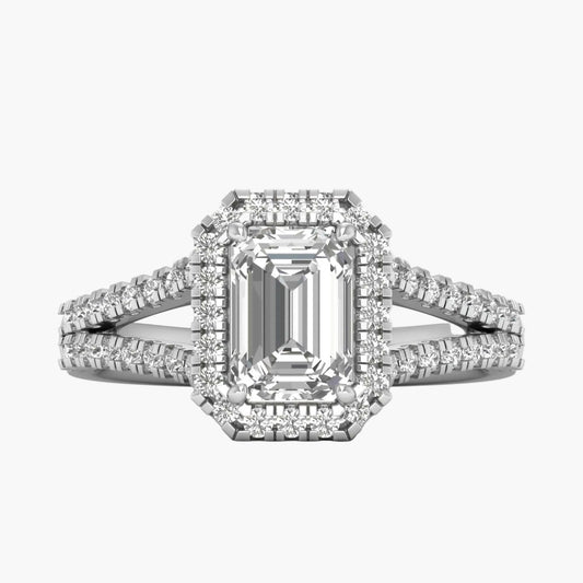 Diamond ring with emerald-cut center stone on a white background