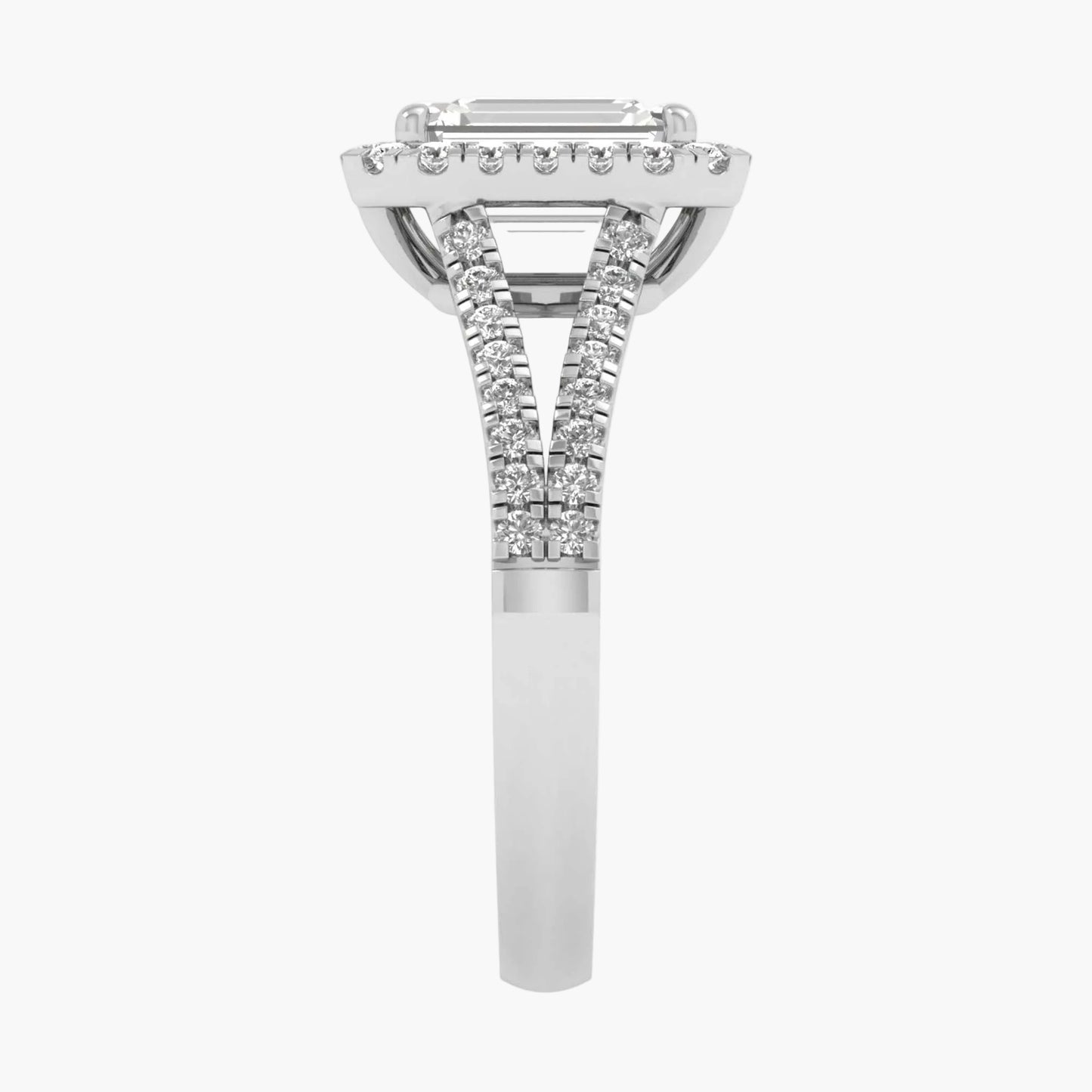 Diamond ring with a hexagonal prong setting on a white background