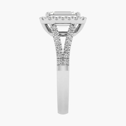Diamond ring with a hexagonal prong setting on a white background