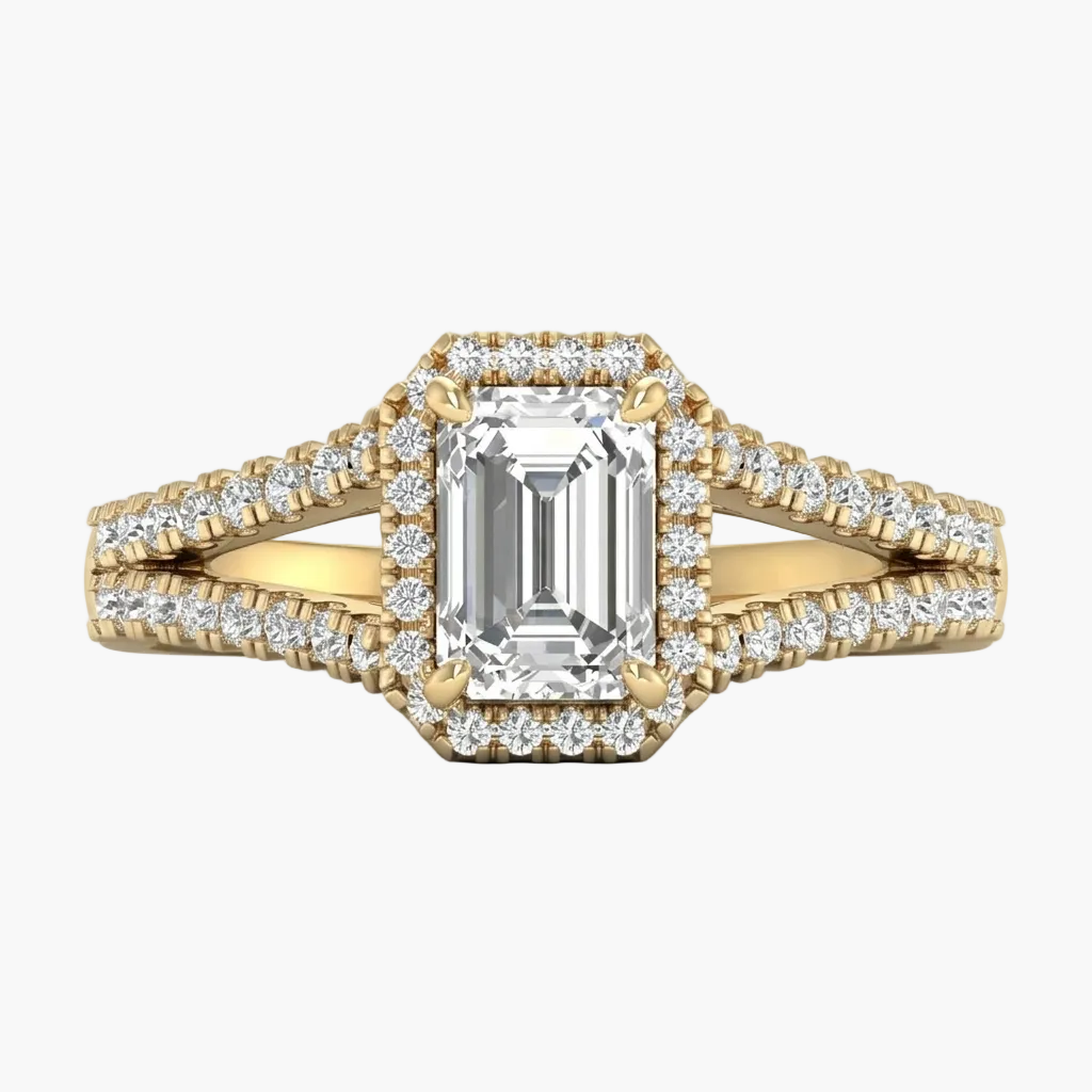 Gold ring with a large diamond and smaller diamonds on a white background
