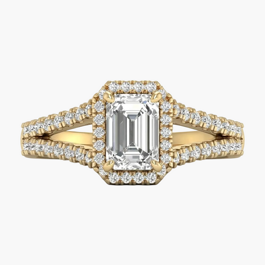 Gold ring with a large diamond and smaller diamonds on a white background