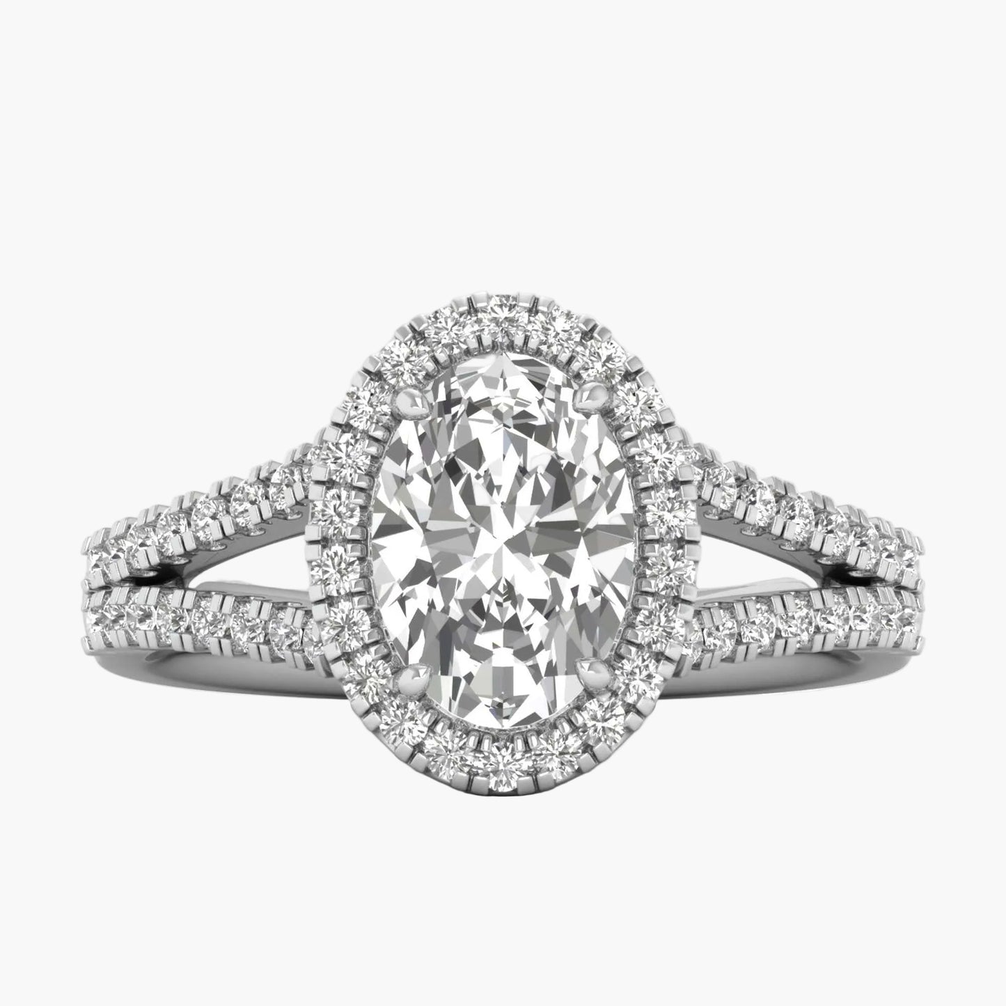 Diamond ring with a central oval-cut diamond and smaller diamonds on a white background