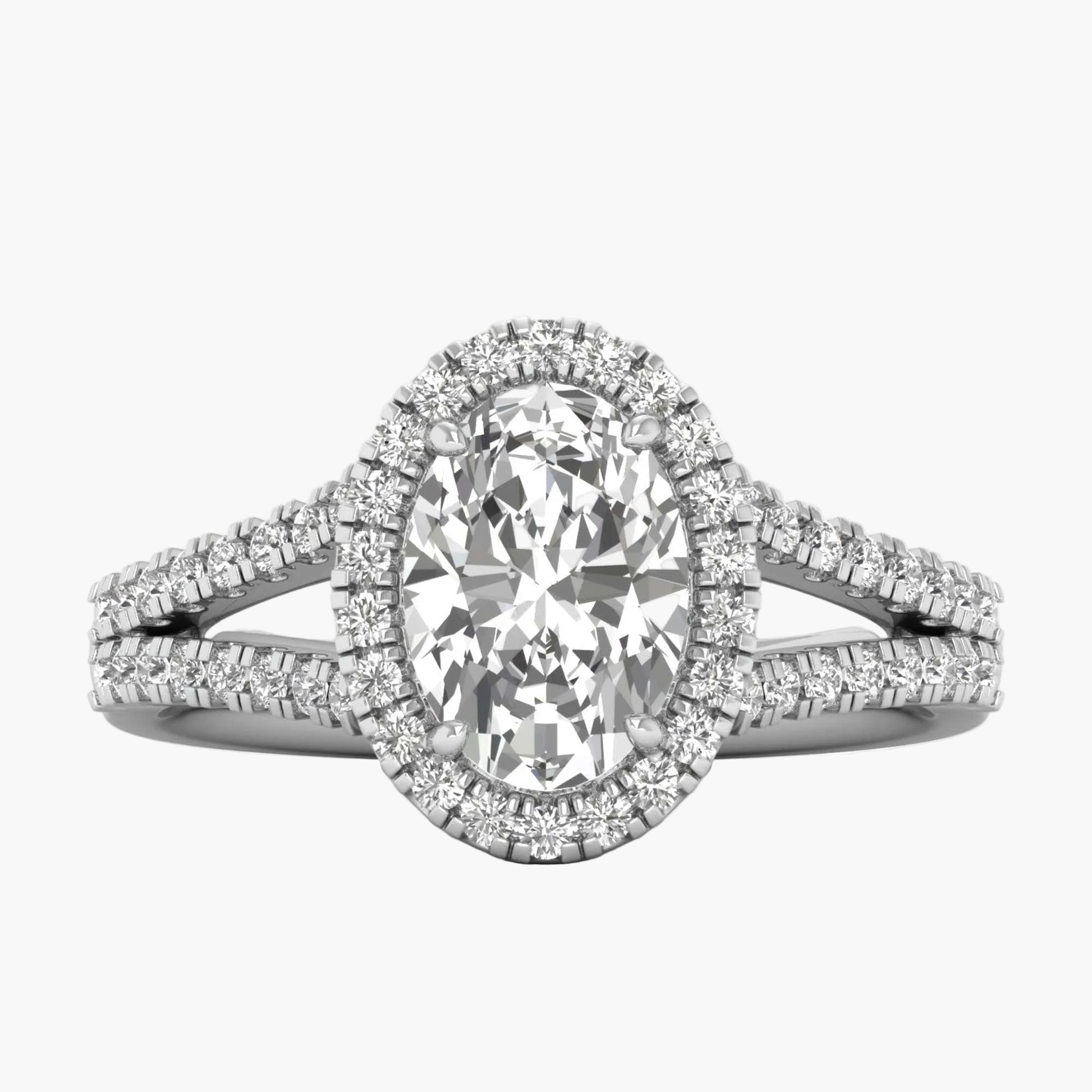 Diamond ring with a central oval-cut diamond and smaller diamonds on a white background