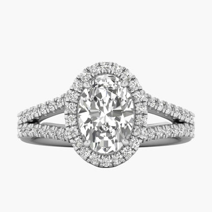 Diamond ring with a central oval-cut diamond and smaller diamonds on a white background