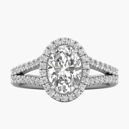 Diamond ring with a central oval-cut diamond and smaller diamonds on a white background
