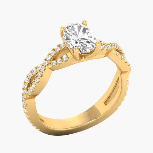 Gold ring with a large diamond and smaller diamonds on the band against a white background