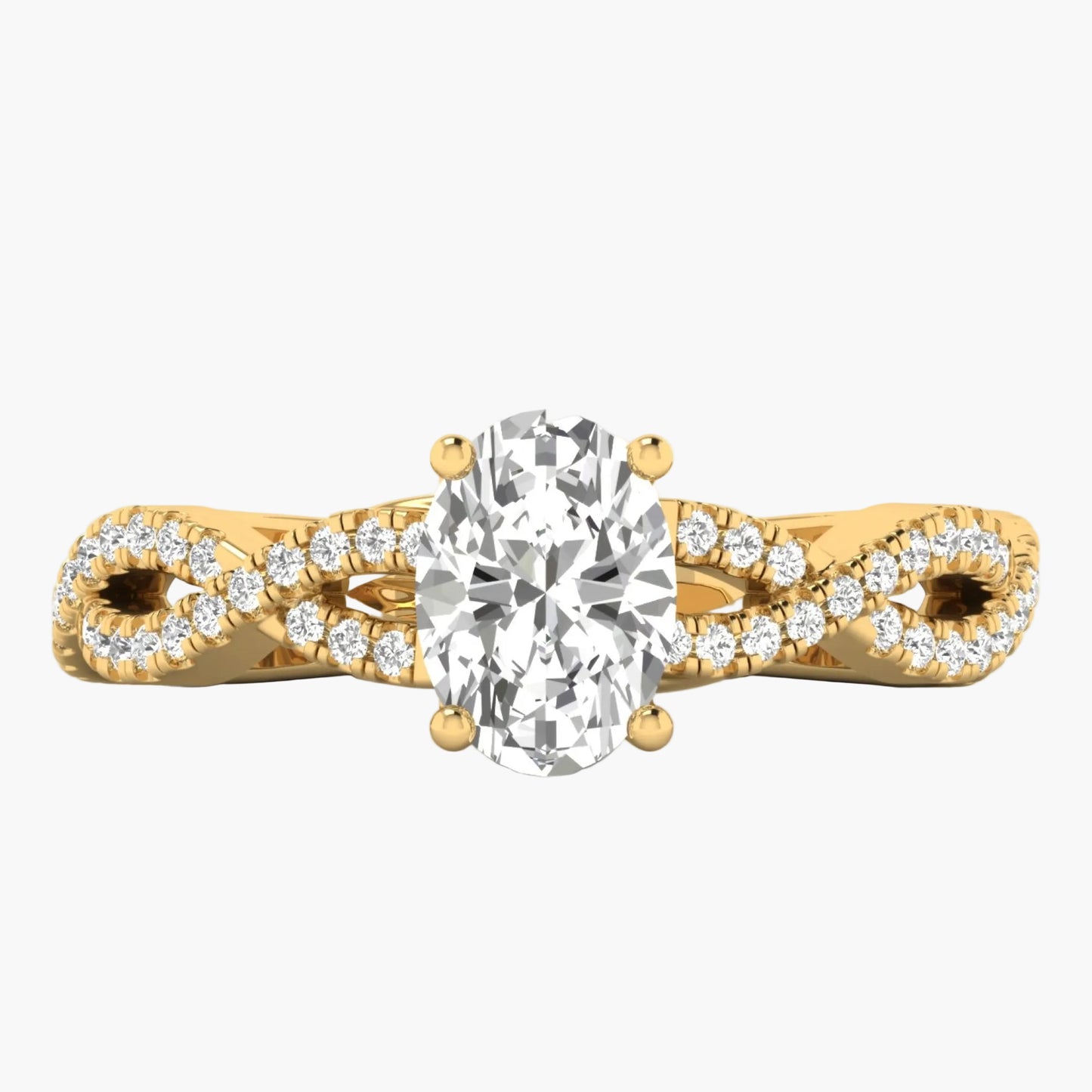 Gold ring with a large diamond and smaller diamonds on a white background