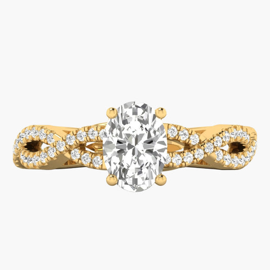 Gold ring with a large diamond and smaller diamonds on a white background