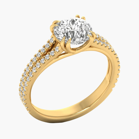 Gold ring with a large diamond and smaller diamonds on the band against a white background