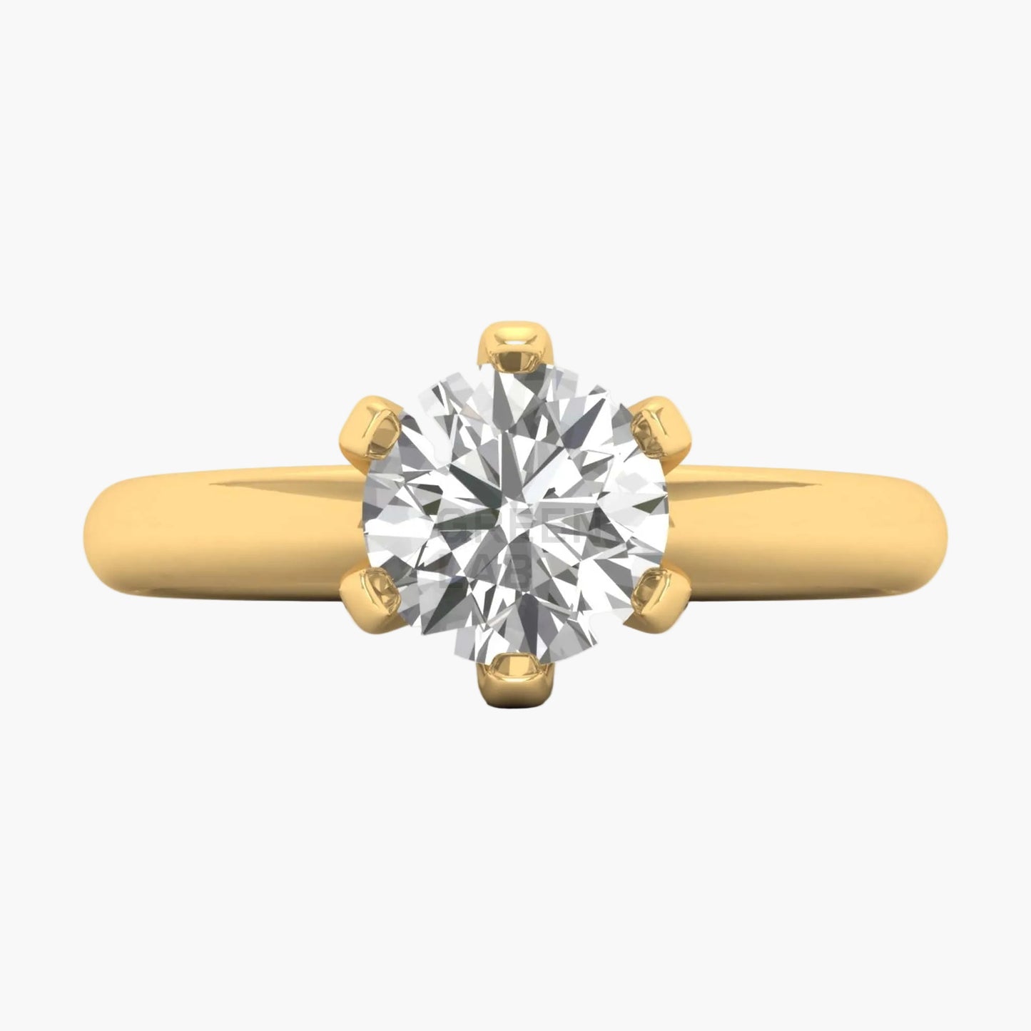 Gold ring with a large diamond on a white background