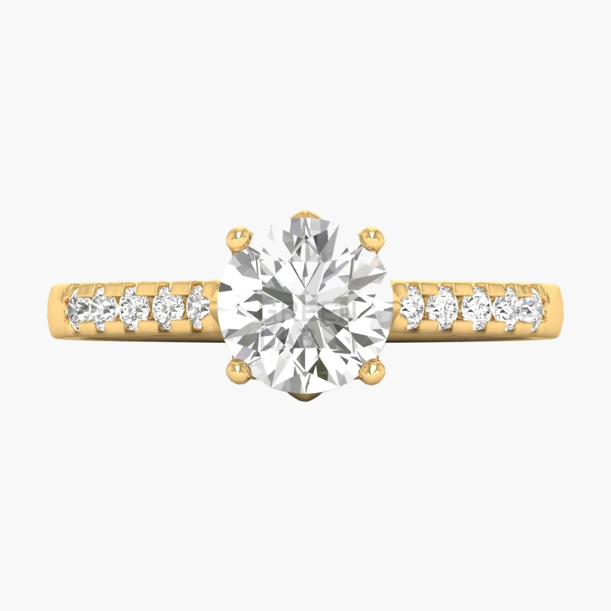 Gold ring with a large diamond and smaller diamonds on the band against a white background