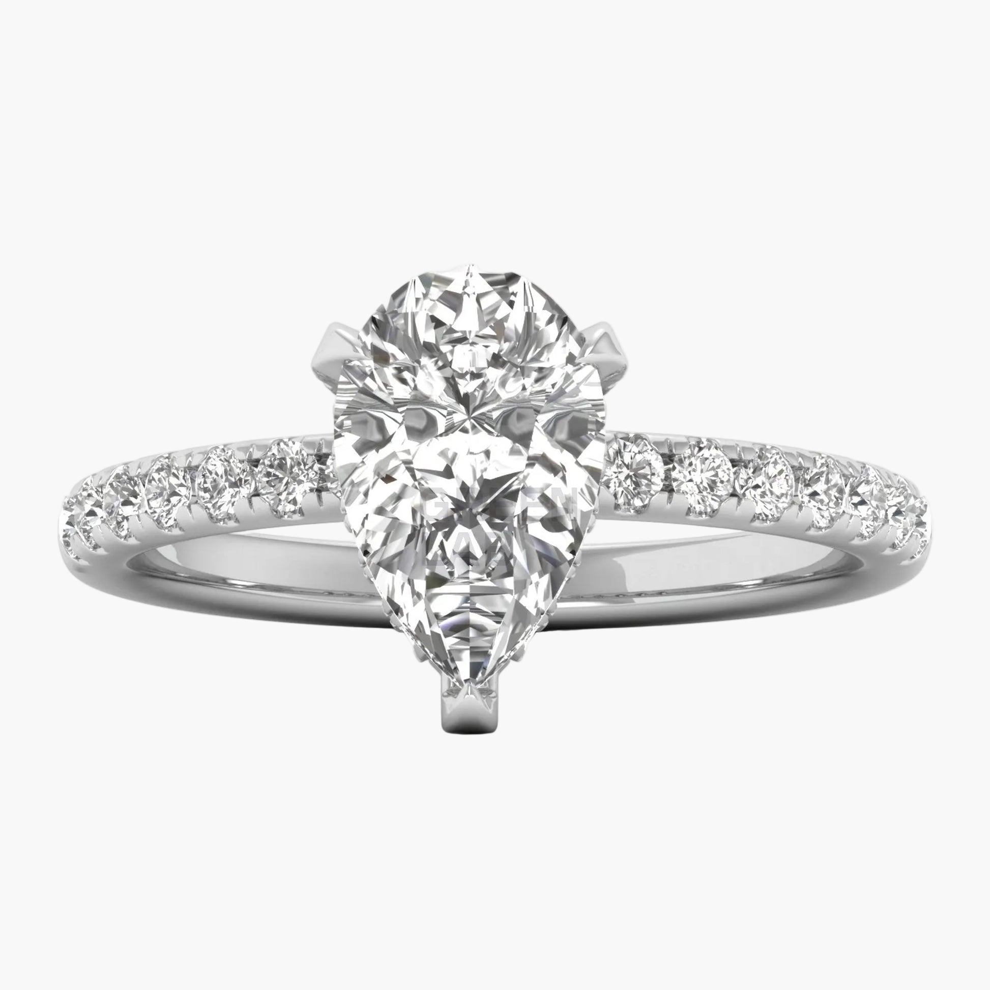 Diamond ring with a pear-shaped center stone on a white background