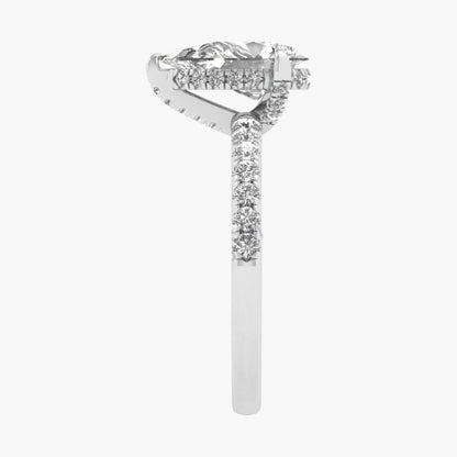 Diamond ring with a unique design on a white background