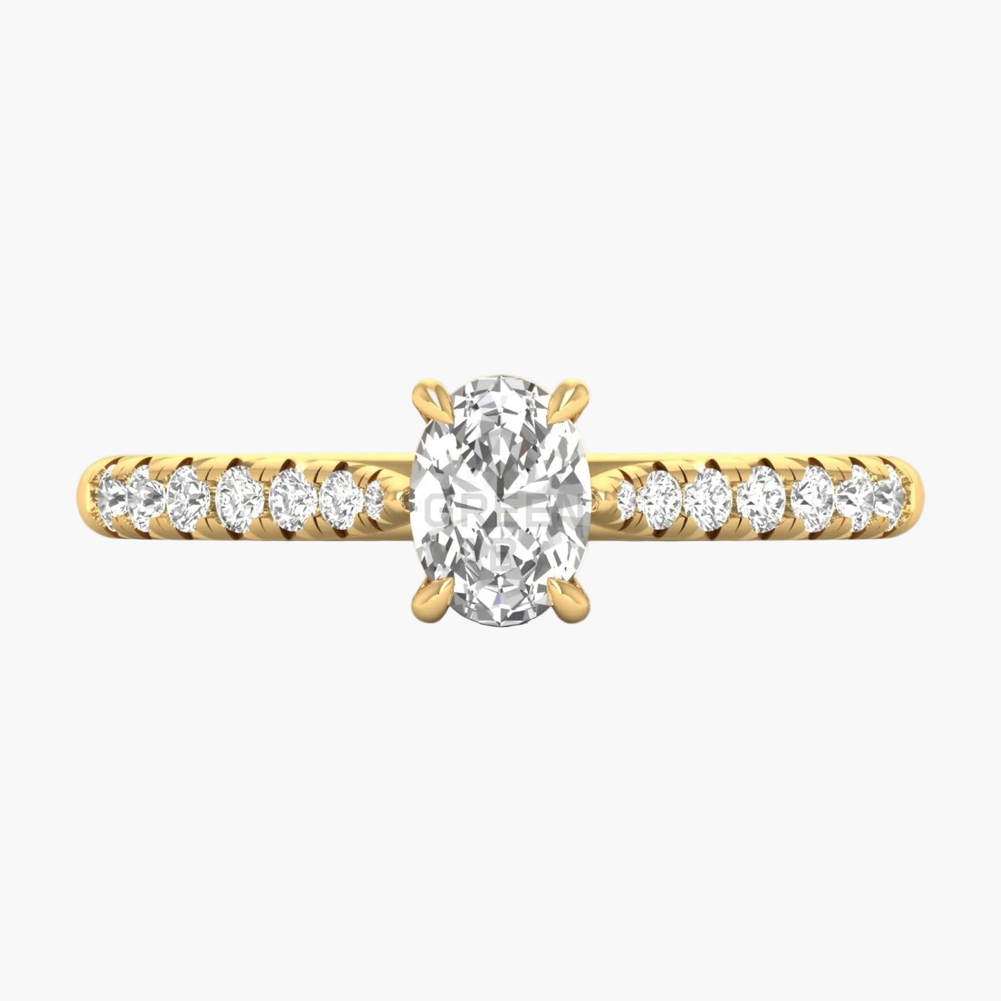 Gold ring with a large diamond and smaller diamonds on the band against a white background