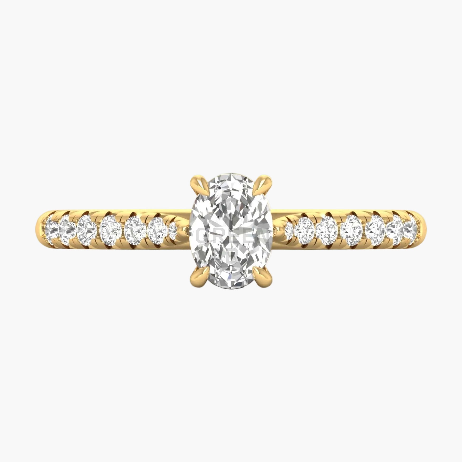 Gold ring with a large diamond and smaller diamonds on the band against a white background