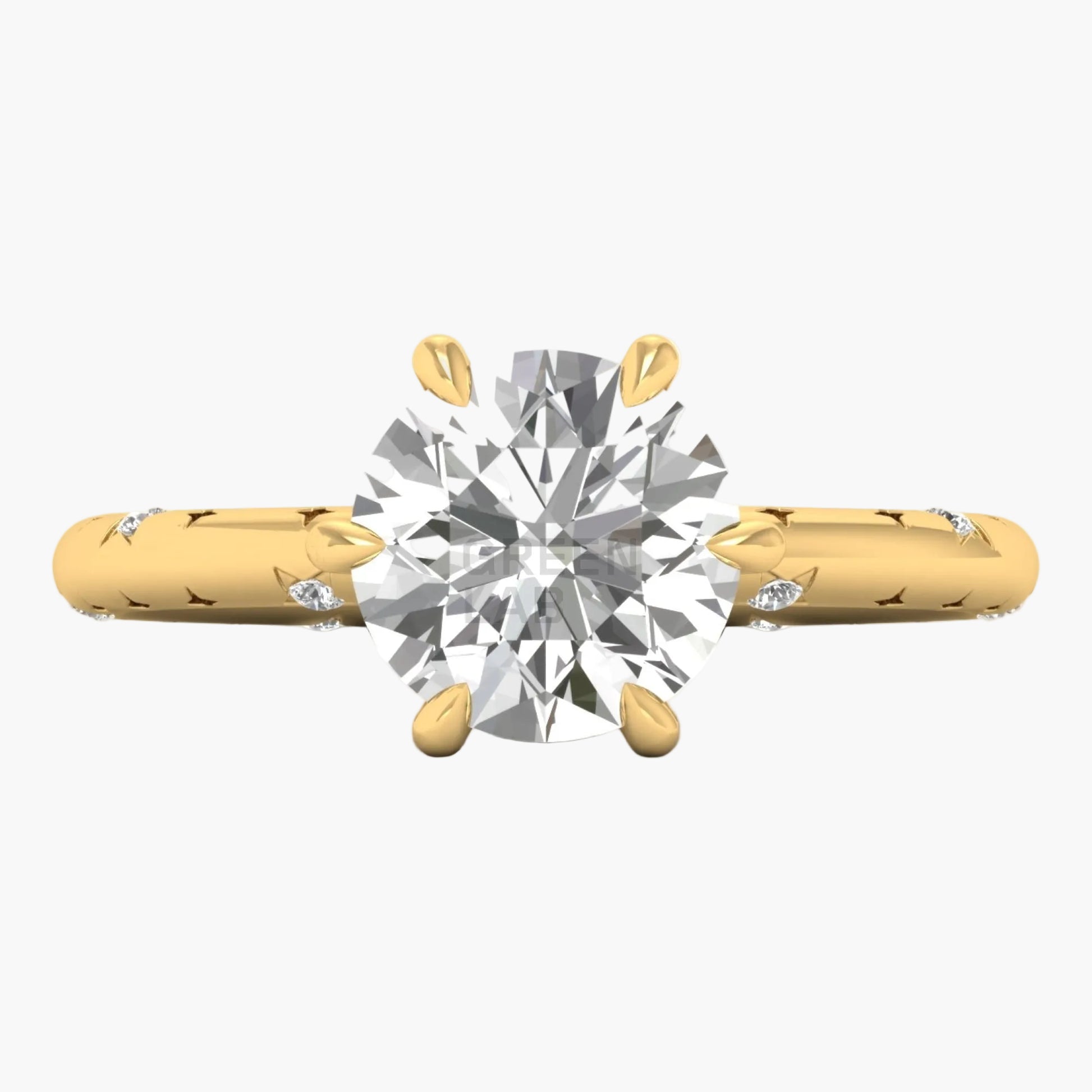 Gold ring with a large diamond on a white background