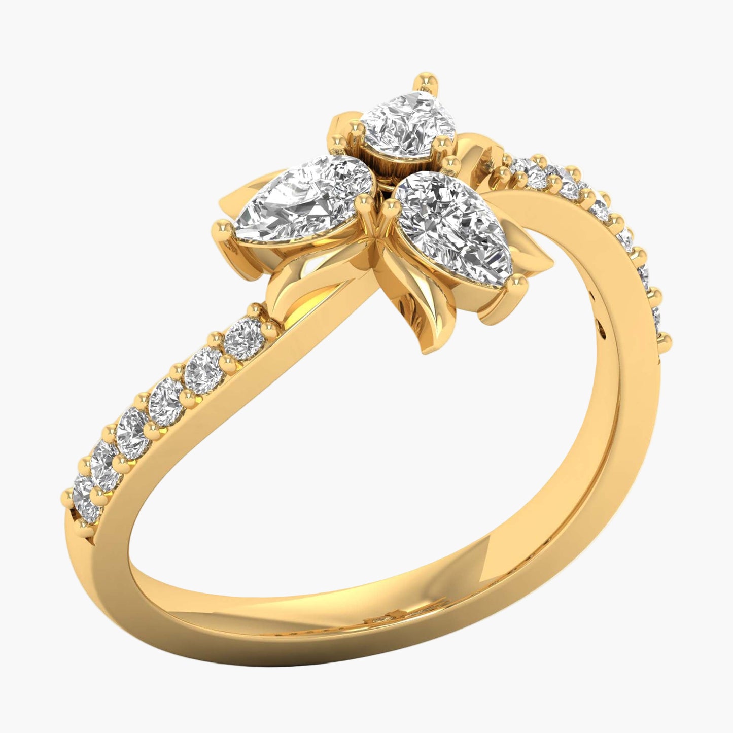 Gold ring with diamond accents on a white background