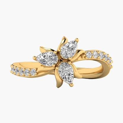Gold ring with diamond accents on a white background