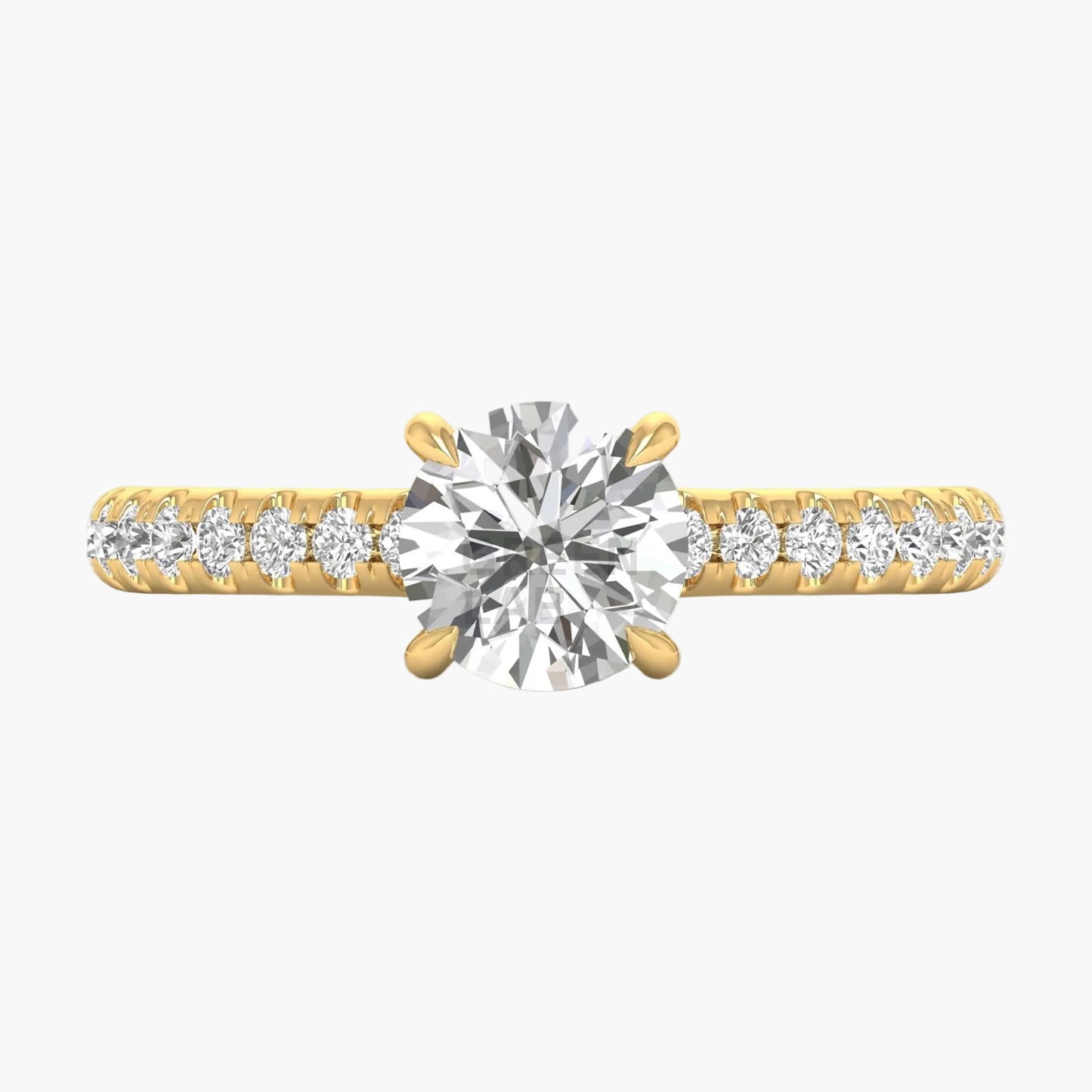 Gold ring with a large diamond and smaller diamonds on the band against a white background