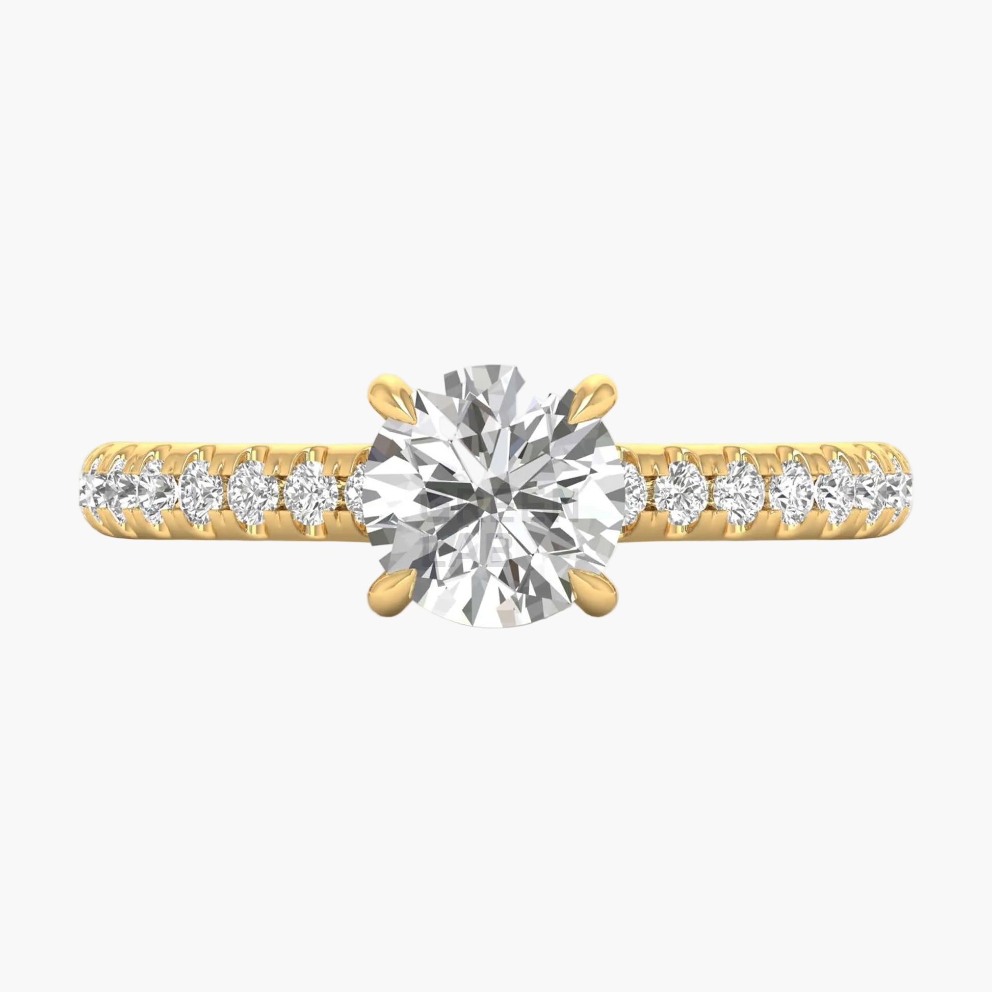 Gold ring with a large diamond and smaller diamonds on the band against a white background