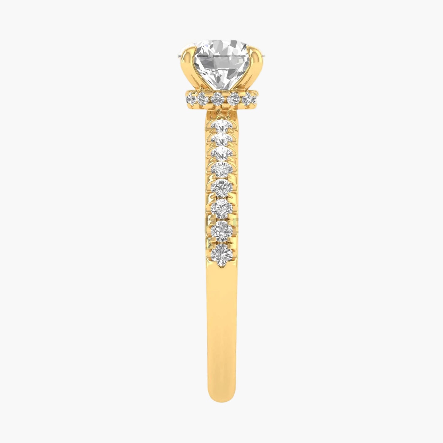 Gold ring with a large central gemstone and smaller stones on a white background
