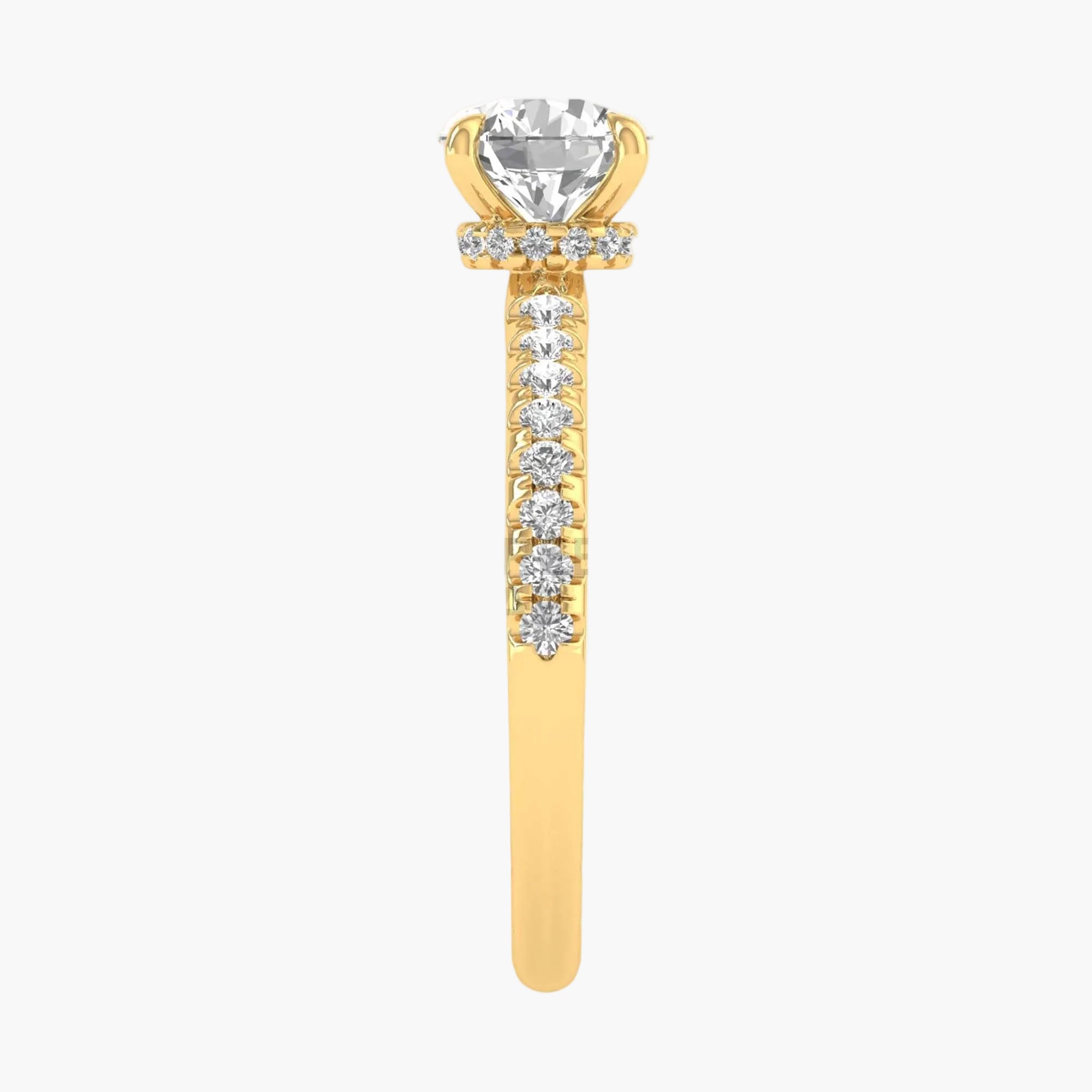 Gold ring with a large central gemstone and smaller stones on a white background
