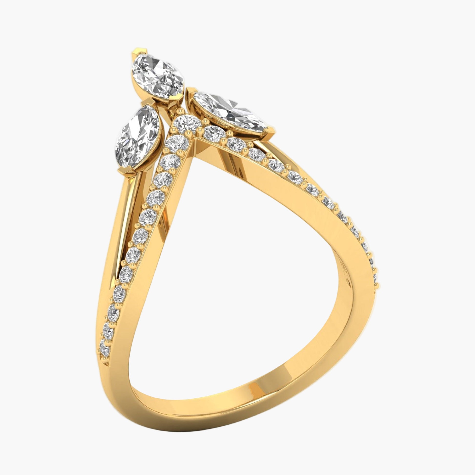 Gold ring with diamond accents on a white background