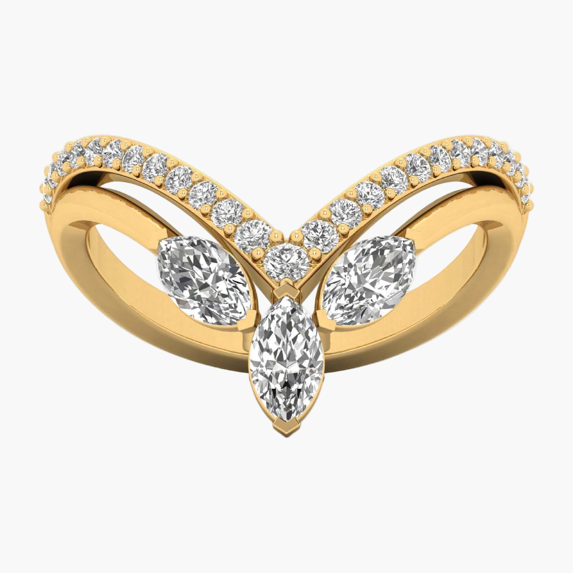 Gold ring with diamond accents on a white background