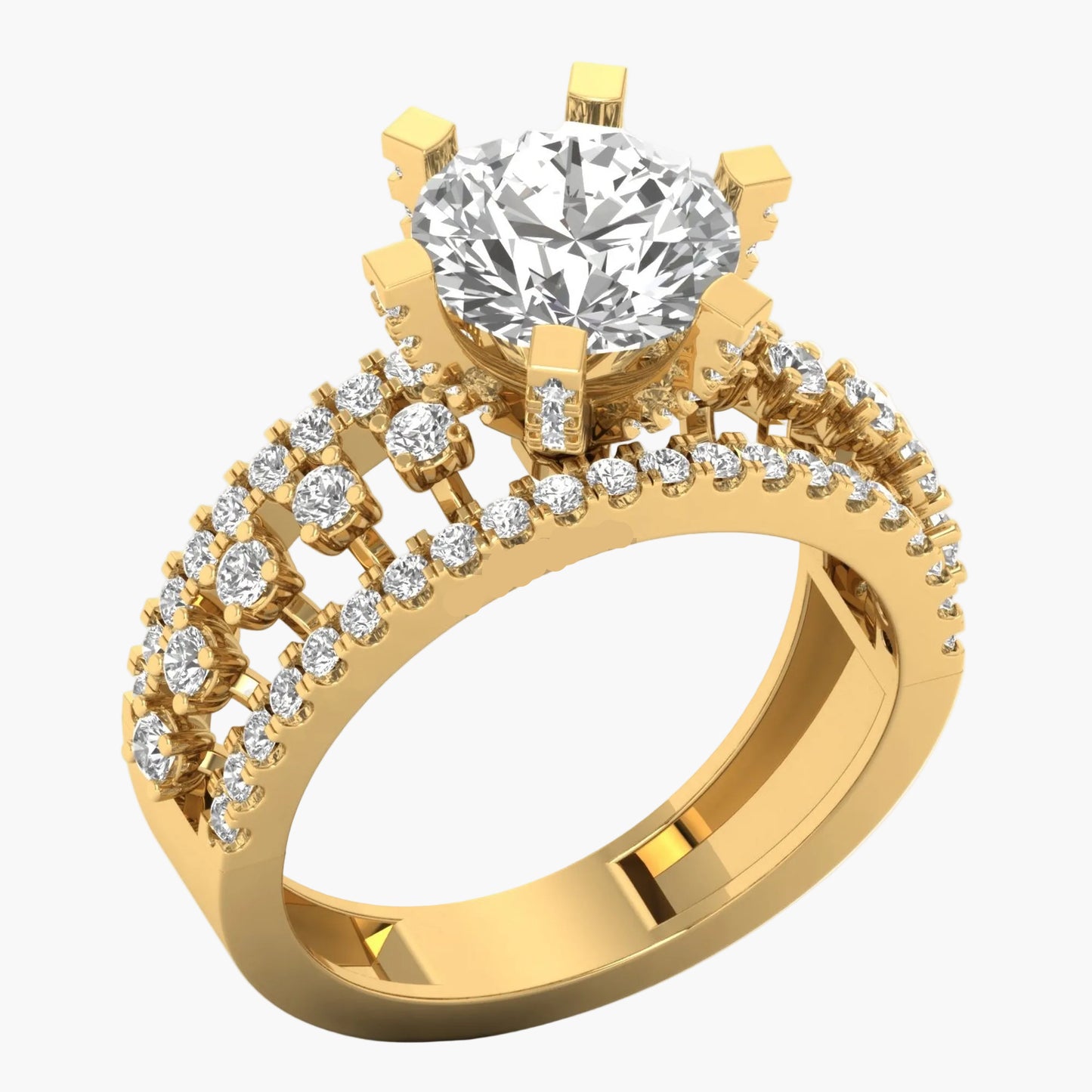 Gold ring with a large diamond and smaller diamonds on the band against a white background