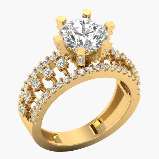 Gold ring with a large diamond and smaller diamonds on the band against a white background