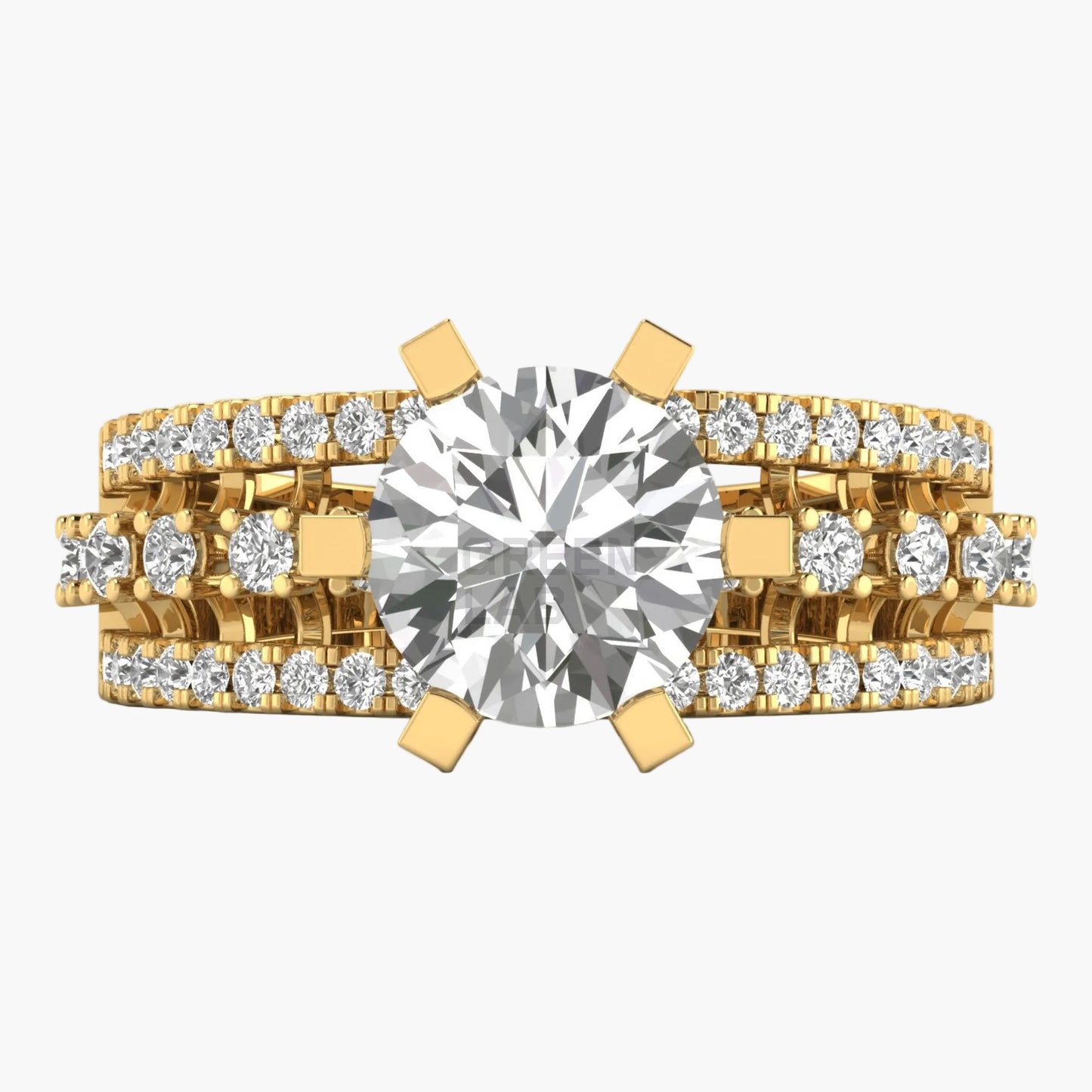 Gold ring with a large diamond and smaller diamonds on a white background