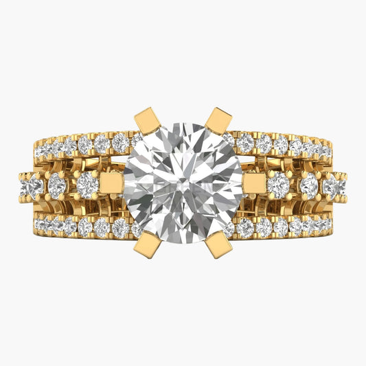 Gold ring with a large diamond and smaller diamonds on a white background