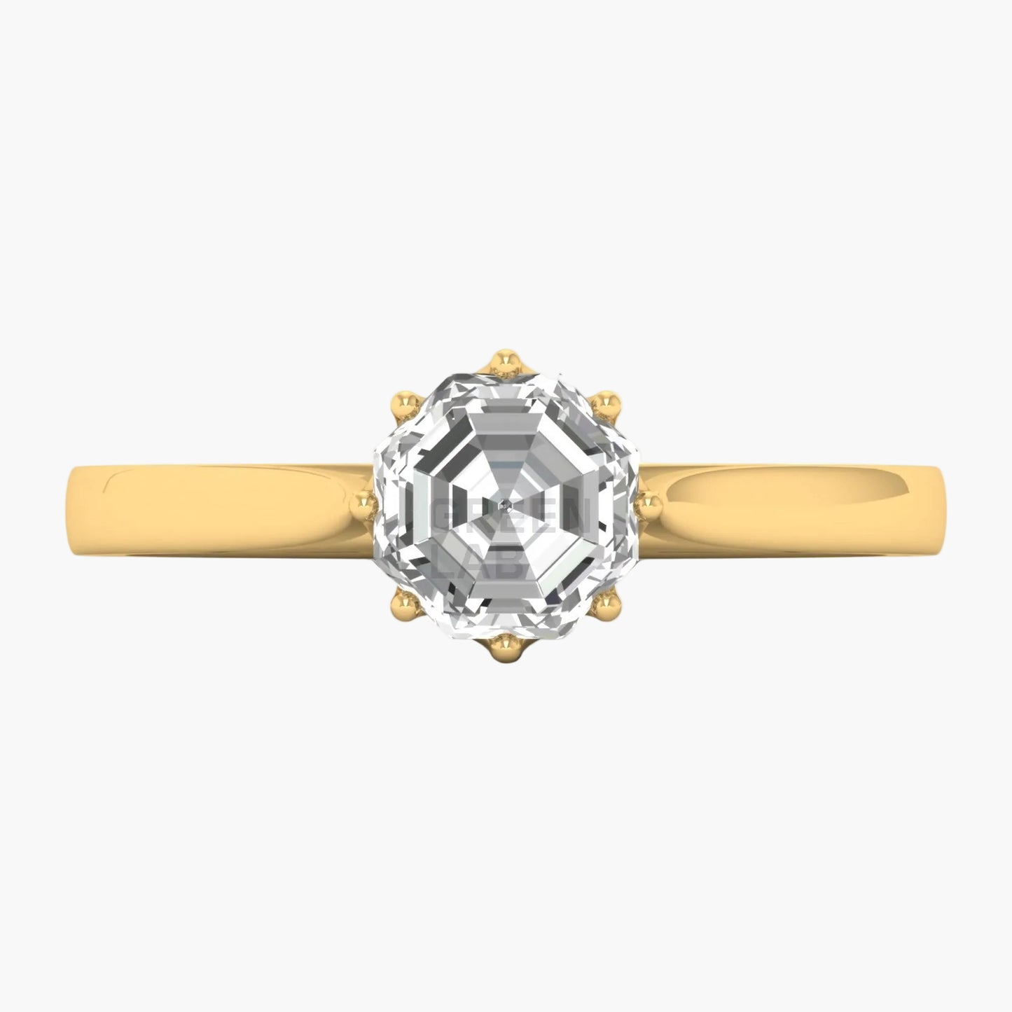 Gold ring with a large diamond on a white background