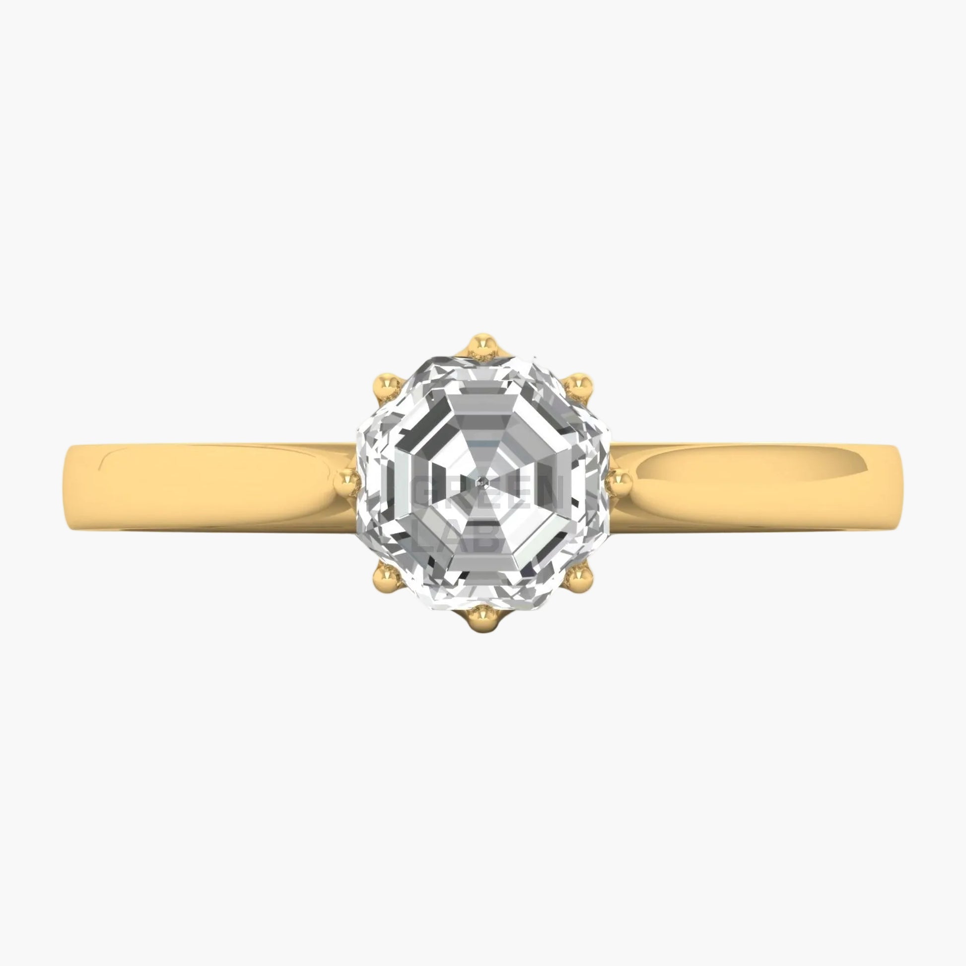 Gold ring with a large diamond on a white background