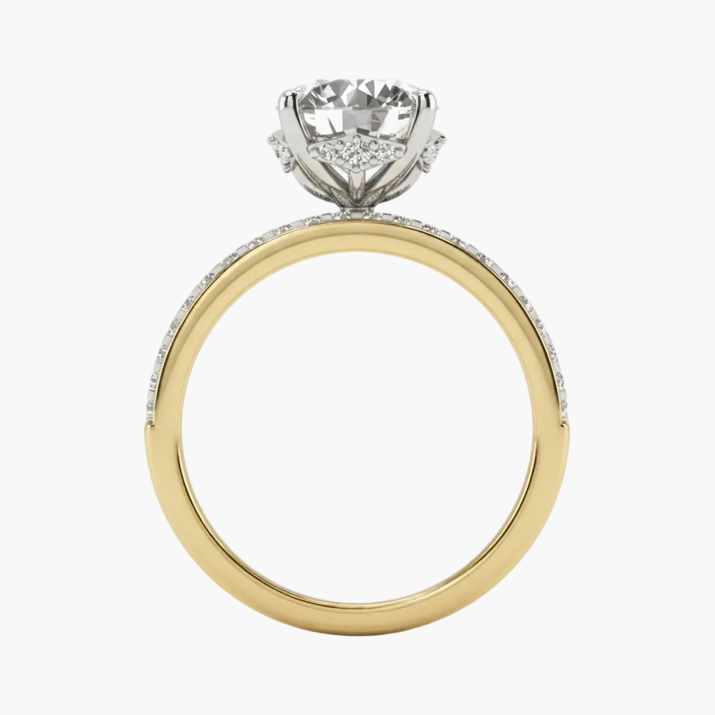 A yellow gold ring with a white gold or platinum solitaire setting and pavé accents, shown on a clean white background.