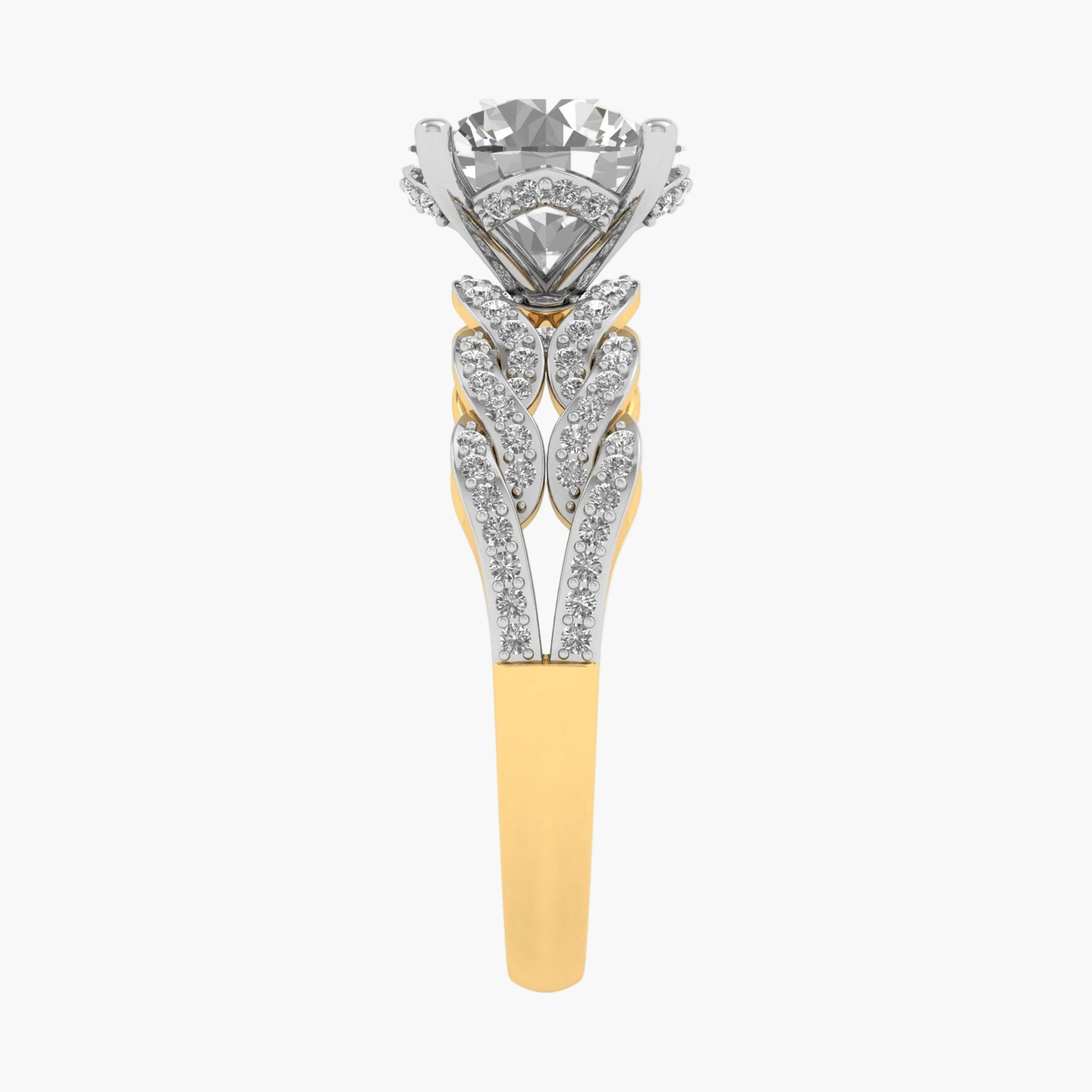 Gold and silver ring with a large diamond on a white background