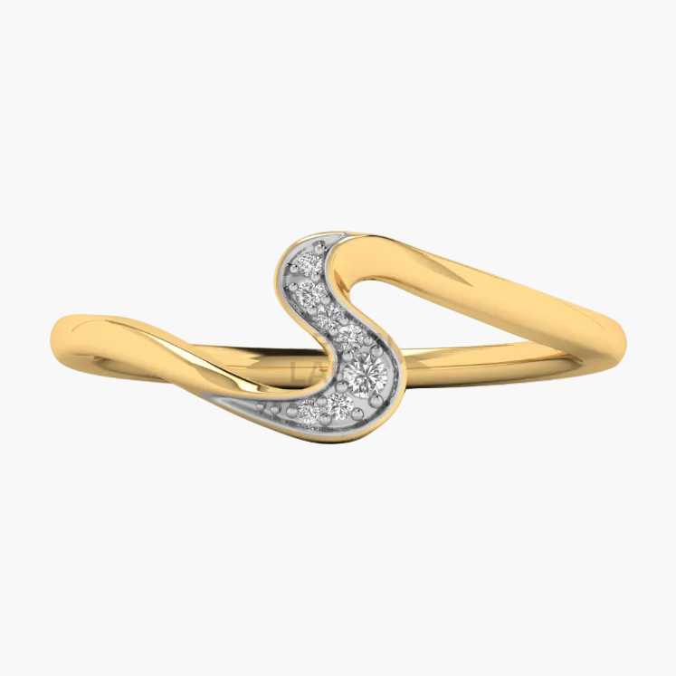 A yellow gold S-shaped ring with a pavé diamond center channel, shown on a clean white background.