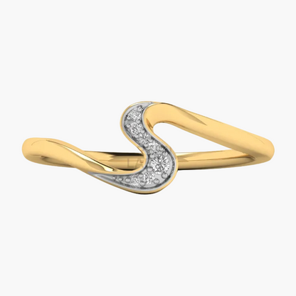 A yellow gold S-shaped ring with a pavé diamond center channel, shown on a clean white background.