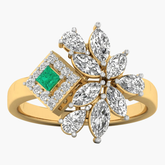 Gold ring with emerald and diamond accents on a white background