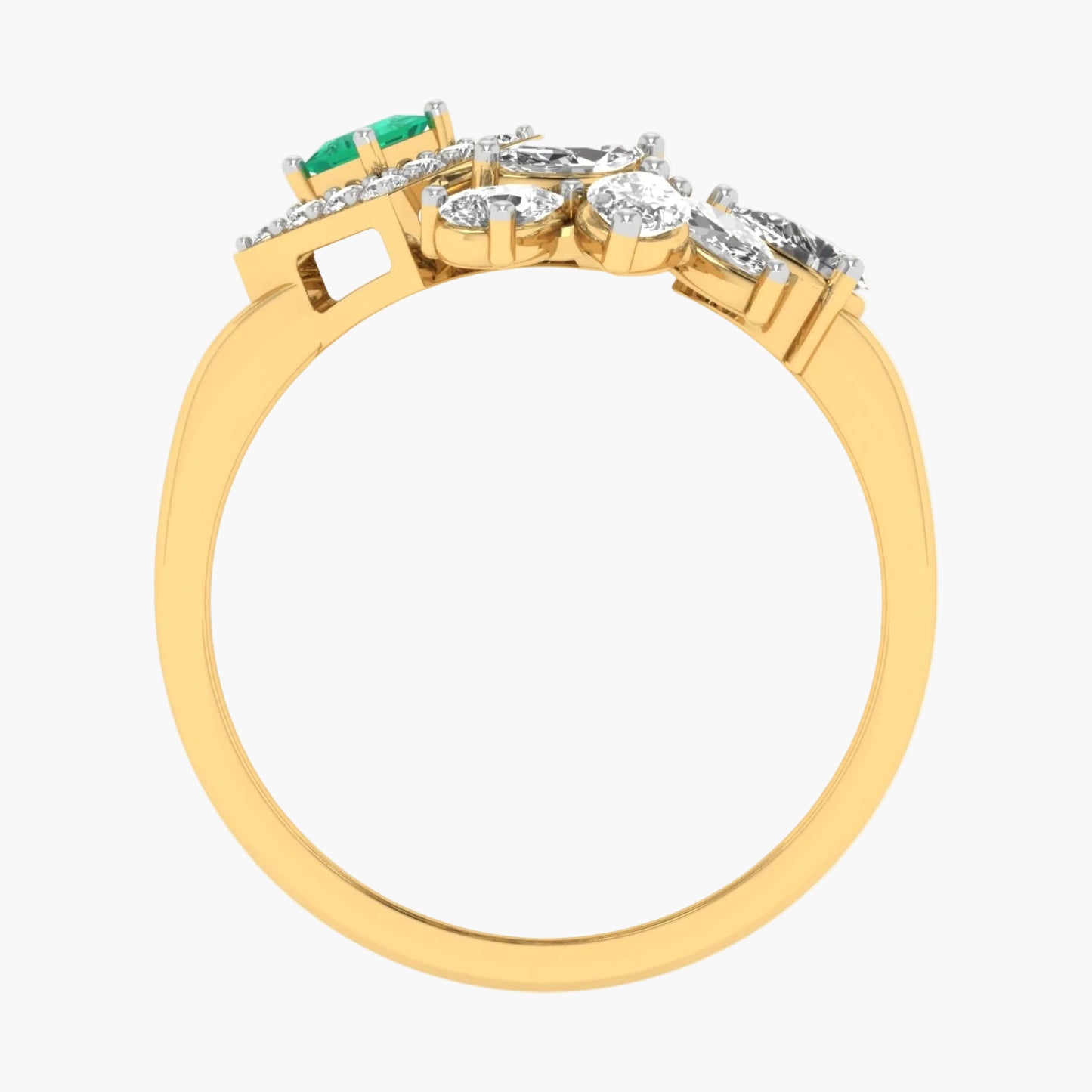 Gold ring with emerald and diamonds on a white background