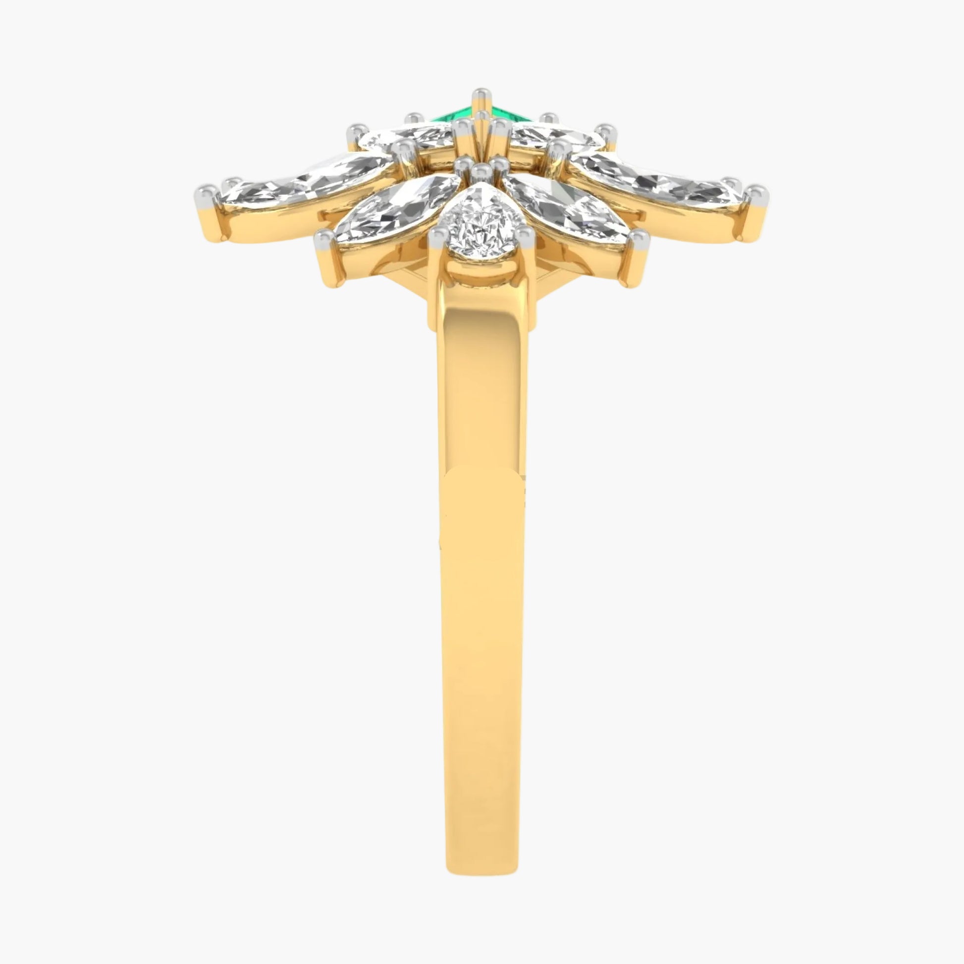 Gold ring with diamonds and a green gemstone on a white background